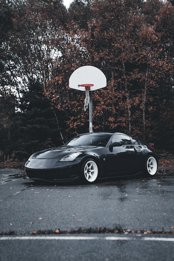 A stylish black sports car parked beneath a basketball hoop surrounded by autumn trees.